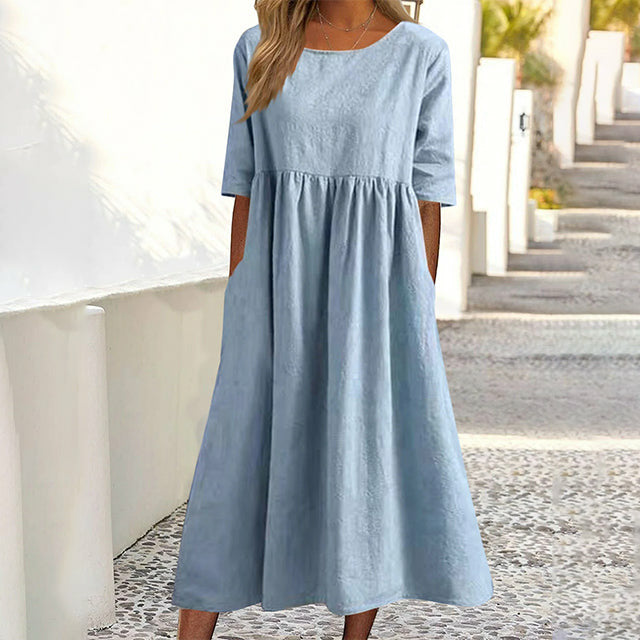 【Coton Et Lin】Robe Décontractée De Couleur Unie