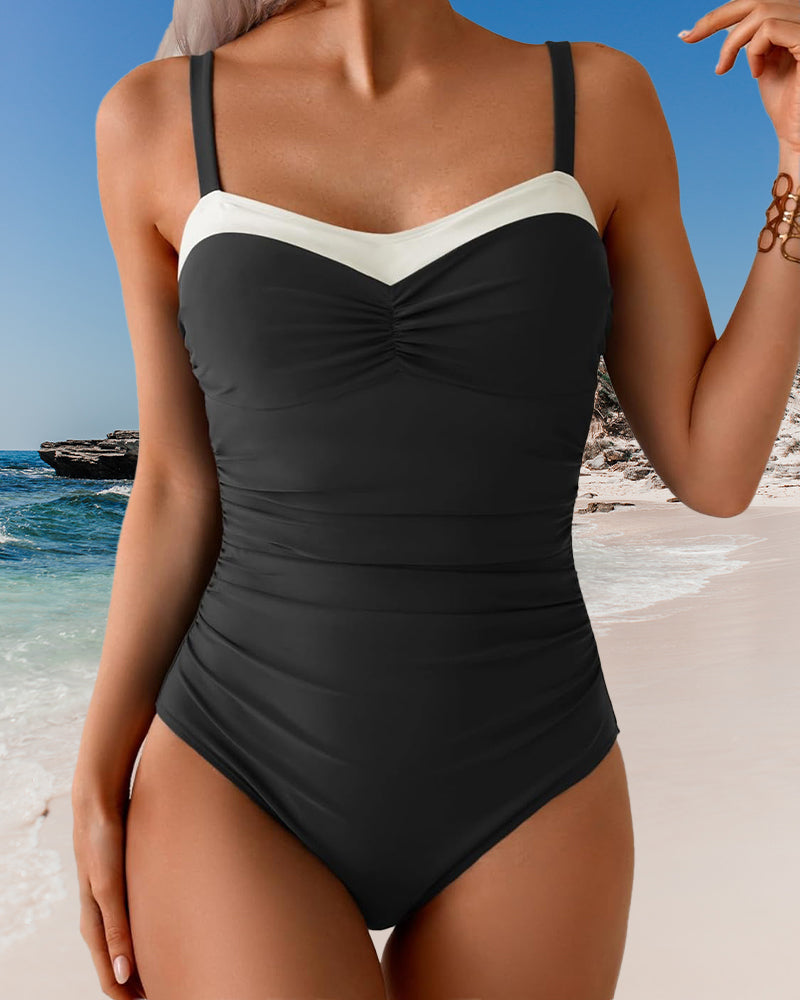 Maillot De Bain Couleur Contrastée Bretelles Une-Pièce