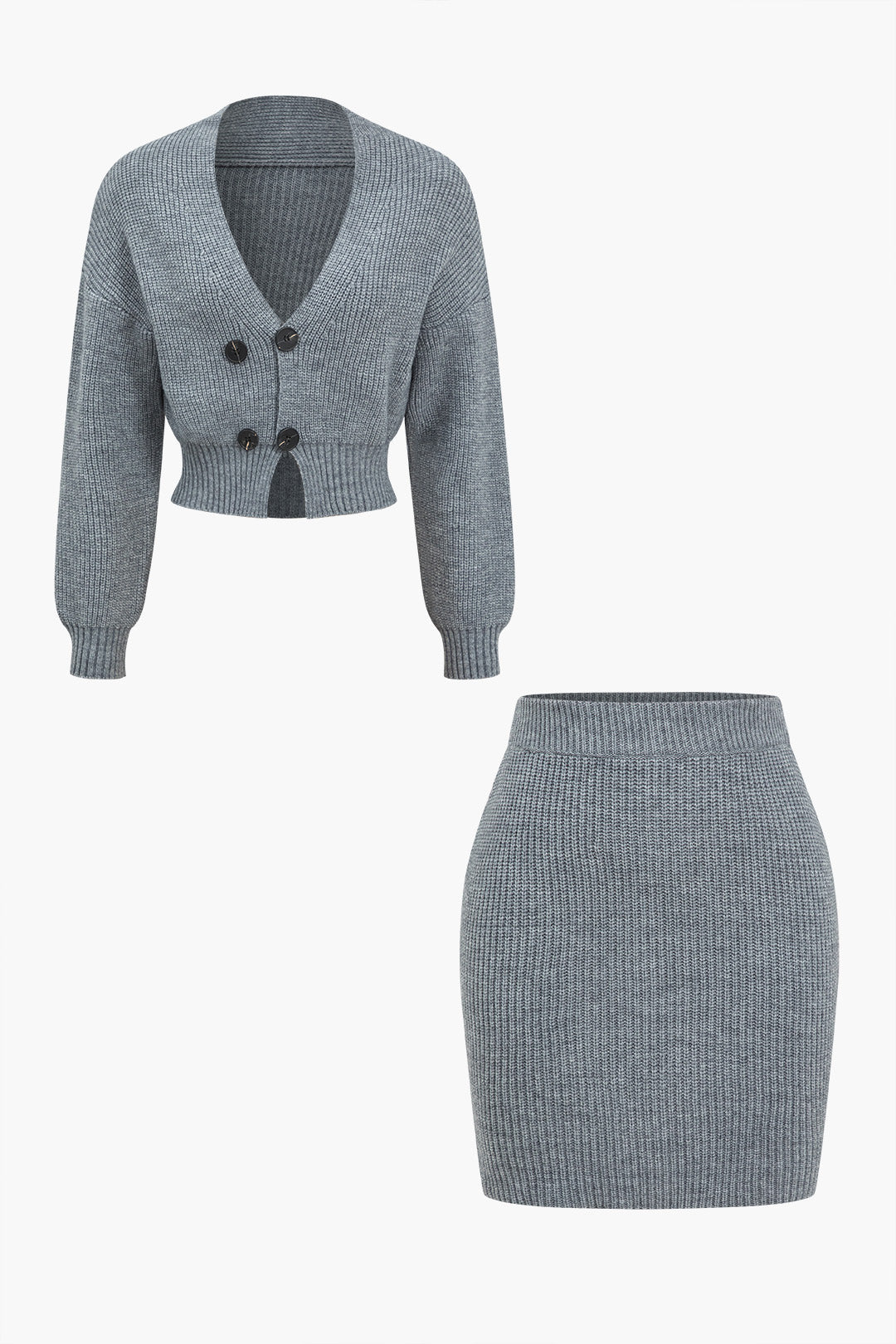 De Paris™ |Ensemble Tricot Uni : Haut Boutonné à Col V et Jupe Mini
