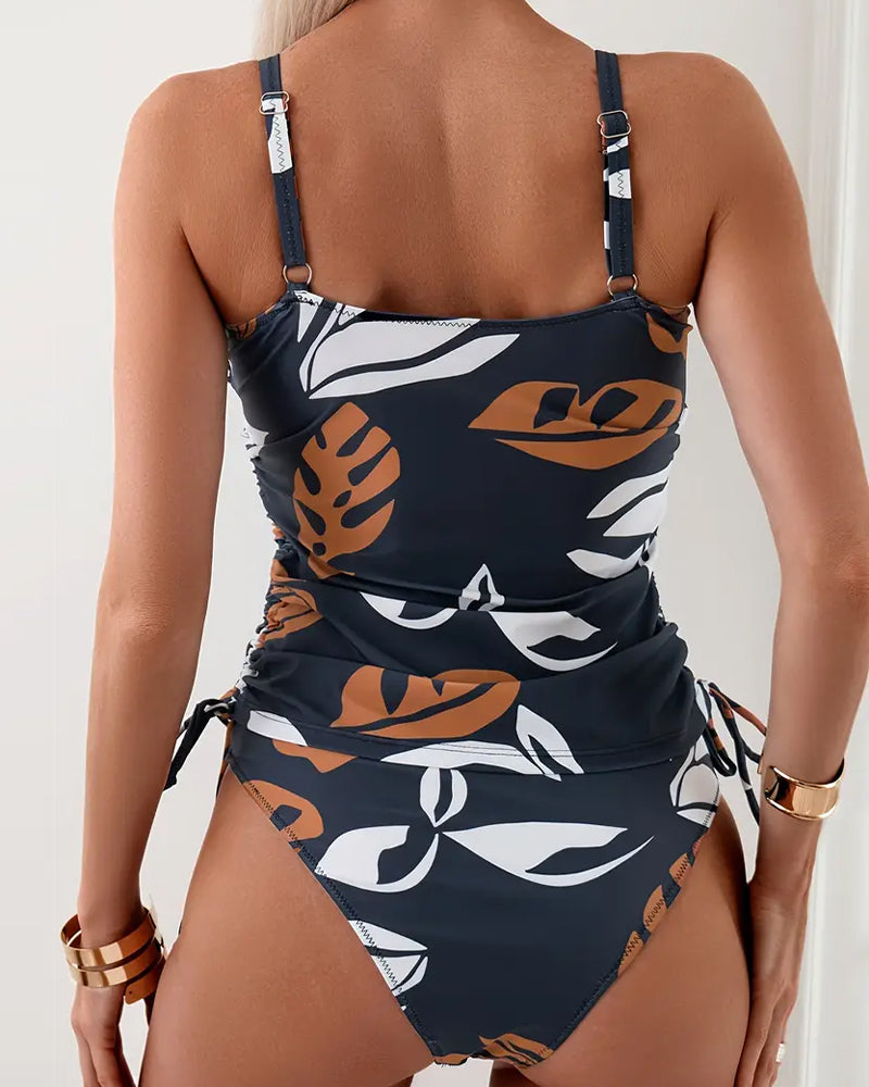 Maillot de bain plissé dos nu imprimé feuilles