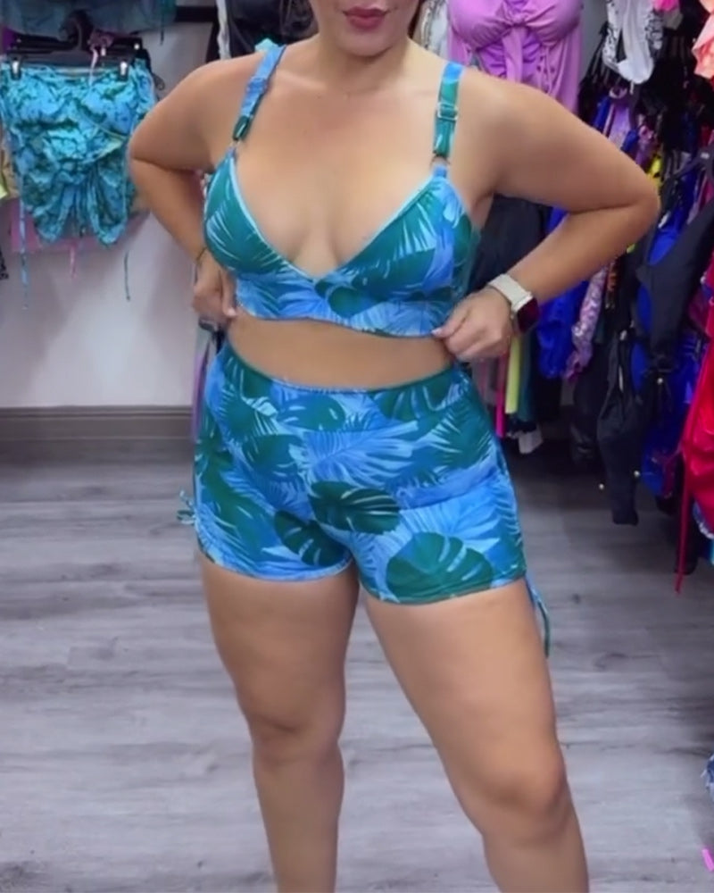 Maillot de bain décontracté bikini deux pièces à imprimé feuilles