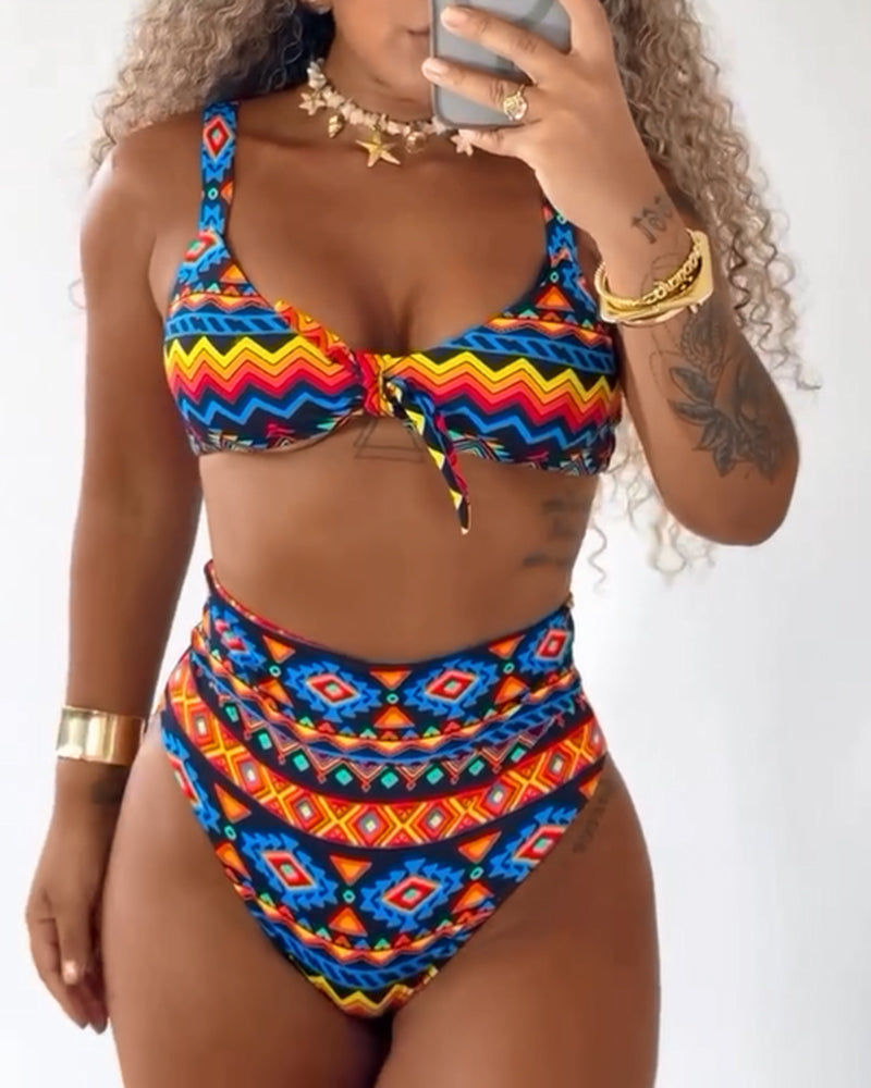 Bikini en Deux Parties avec Impression de Motif d'Onde de Plage