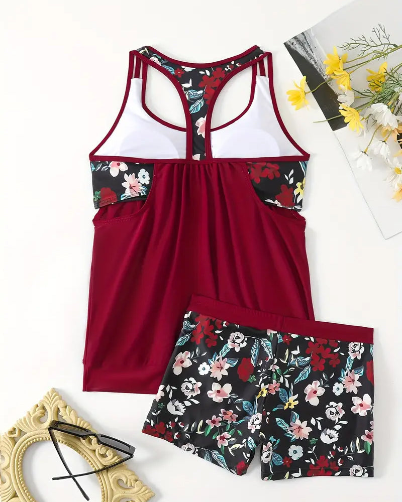 Maillot de bain tankini dos nu sans manches à imprimé floral