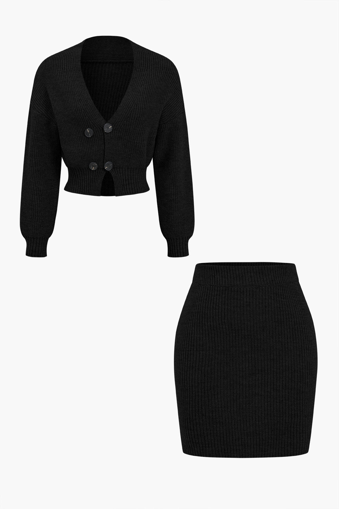 De Paris™ |Ensemble Tricot Uni : Haut Boutonné à Col V et Jupe Mini
