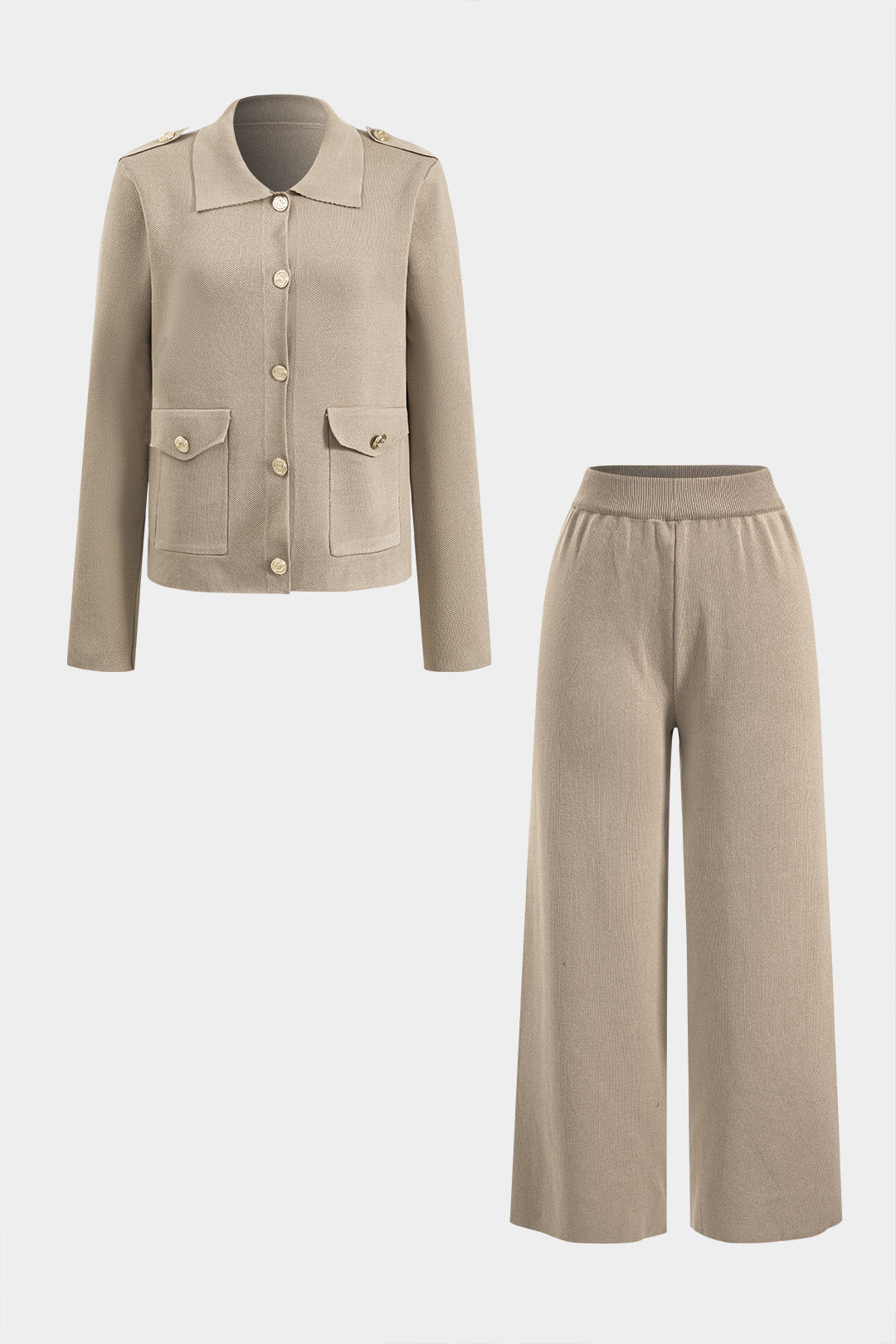De Paris™ | Ensemble Tricoté : Haut Boutonné avec Poches et Pantalon Large Plissé