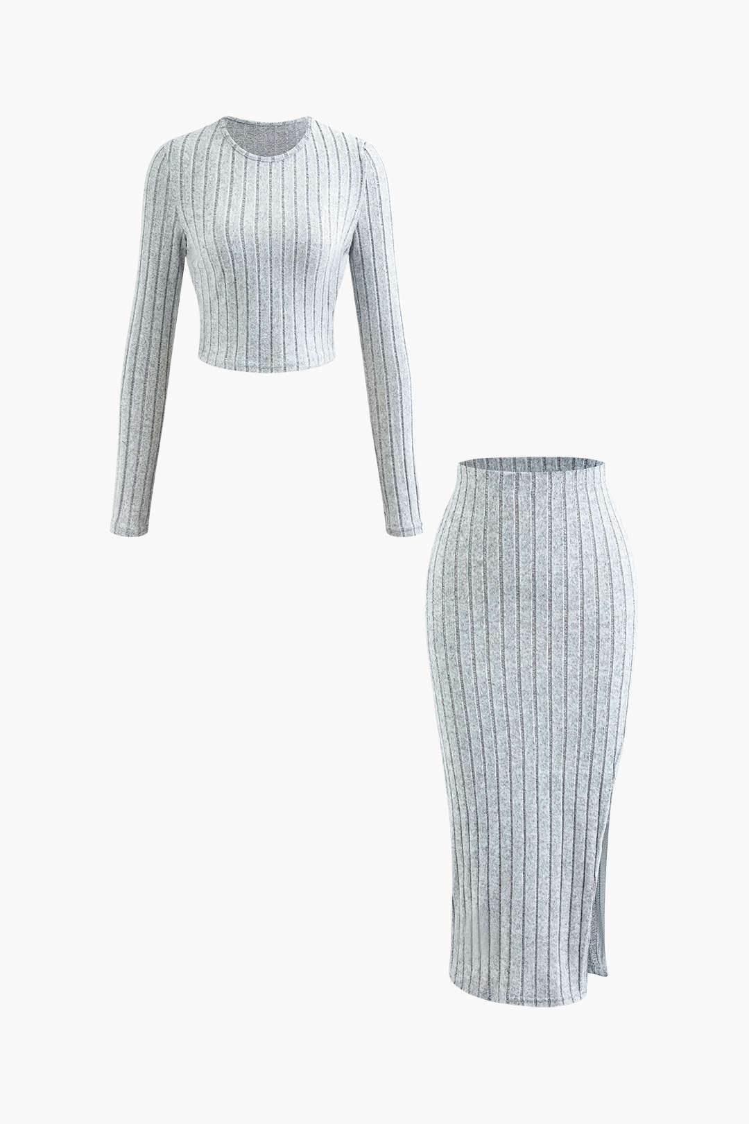 De Paris™ | Ensemble Tricot Côtelé : Haut à Manches Longues et Jupe Fendue