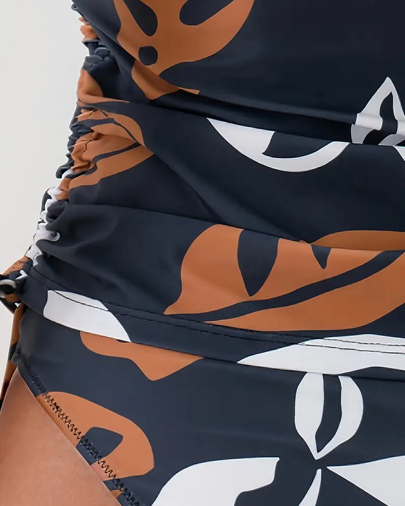 Maillot de bain plissé dos nu imprimé feuilles