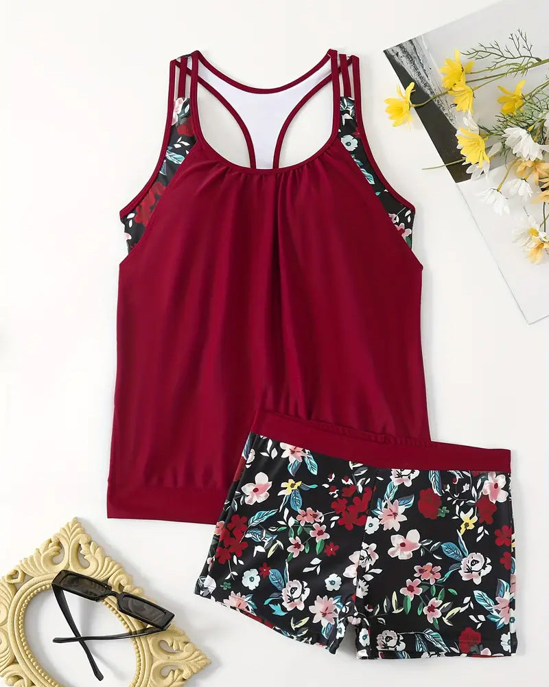 Maillot de bain tankini dos nu sans manches à imprimé floral