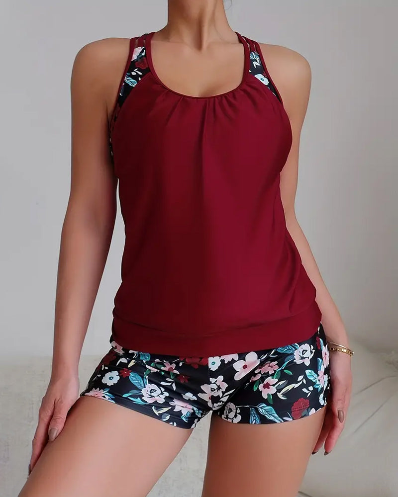 Maillot de bain tankini dos nu sans manches à imprimé floral