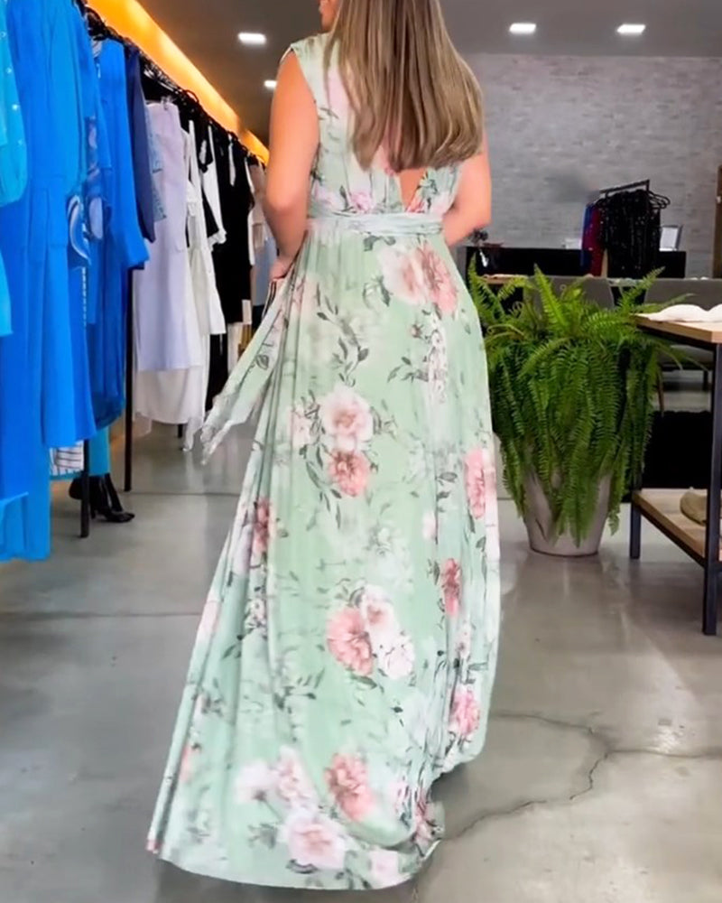 De Paris™ | Robe élégante sans manches à col en V et imprimé floral