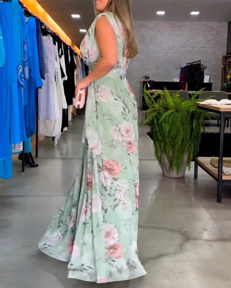 De Paris™ | Robe élégante sans manches à col en V et imprimé floral