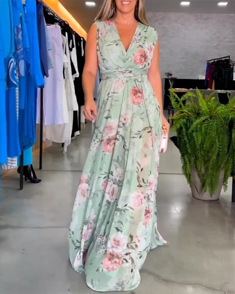 De Paris™ | Robe élégante sans manches à col en V et imprimé floral