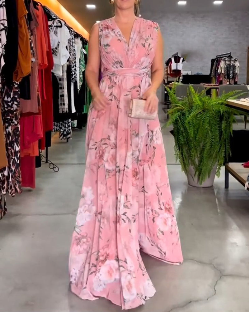 De Paris™ | Robe élégante sans manches à col en V et imprimé floral