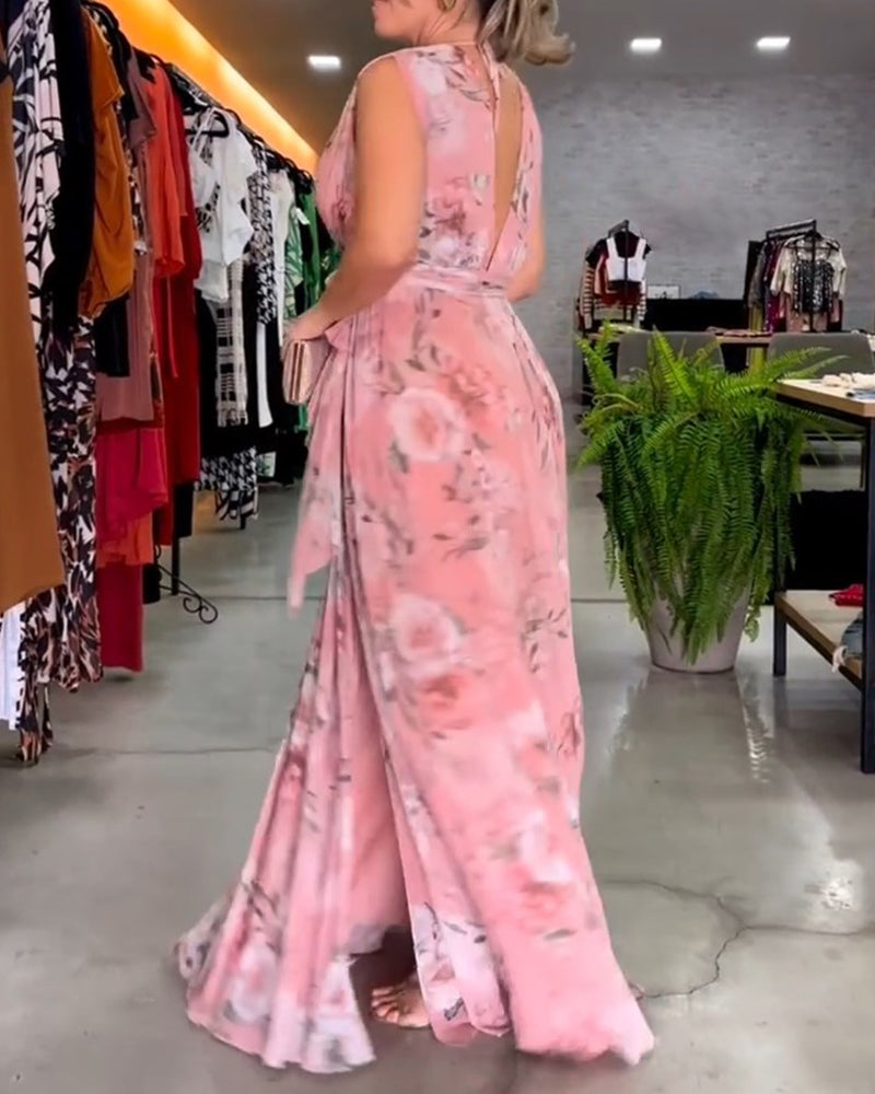 De Paris™ | Robe élégante sans manches à col en V et imprimé floral