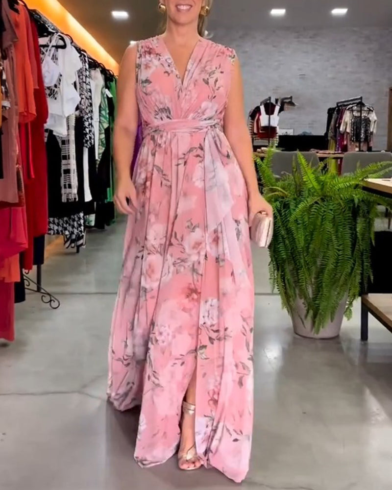 De Paris™ | Robe élégante sans manches à col en V et imprimé floral