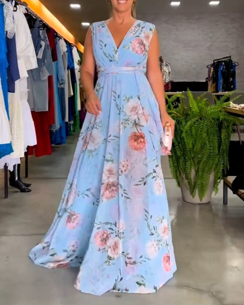 De Paris™ | Robe élégante sans manches à col en V et imprimé floral