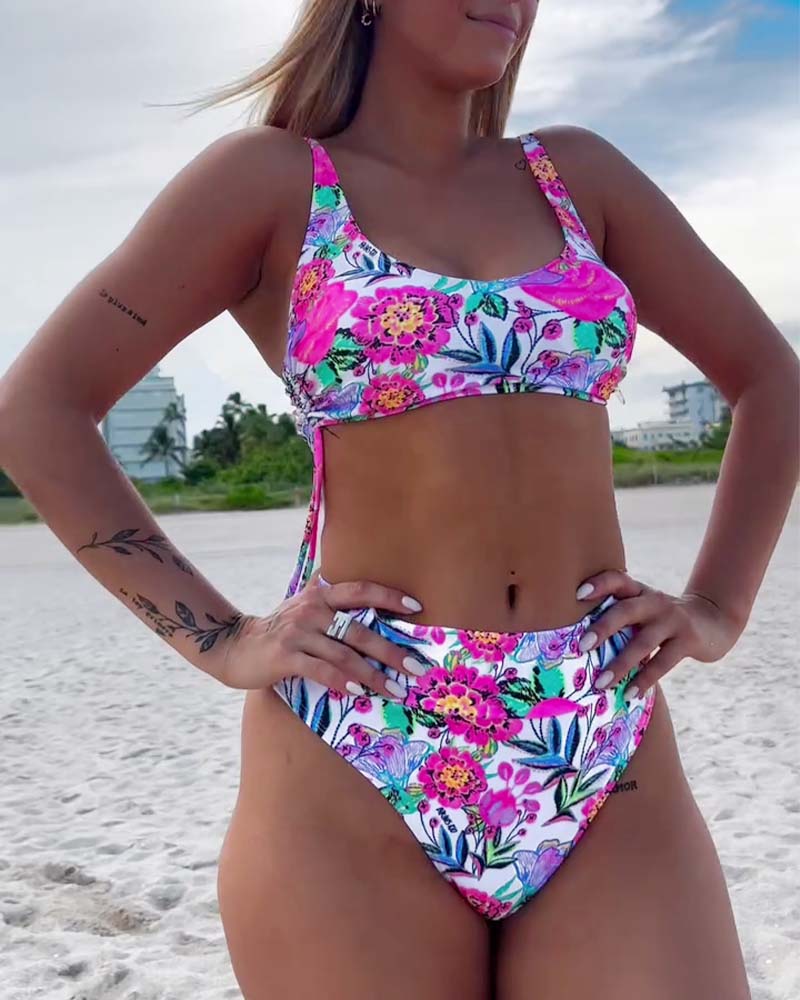 Maillot de bain bikini à imprimé floral et cordon de serrage