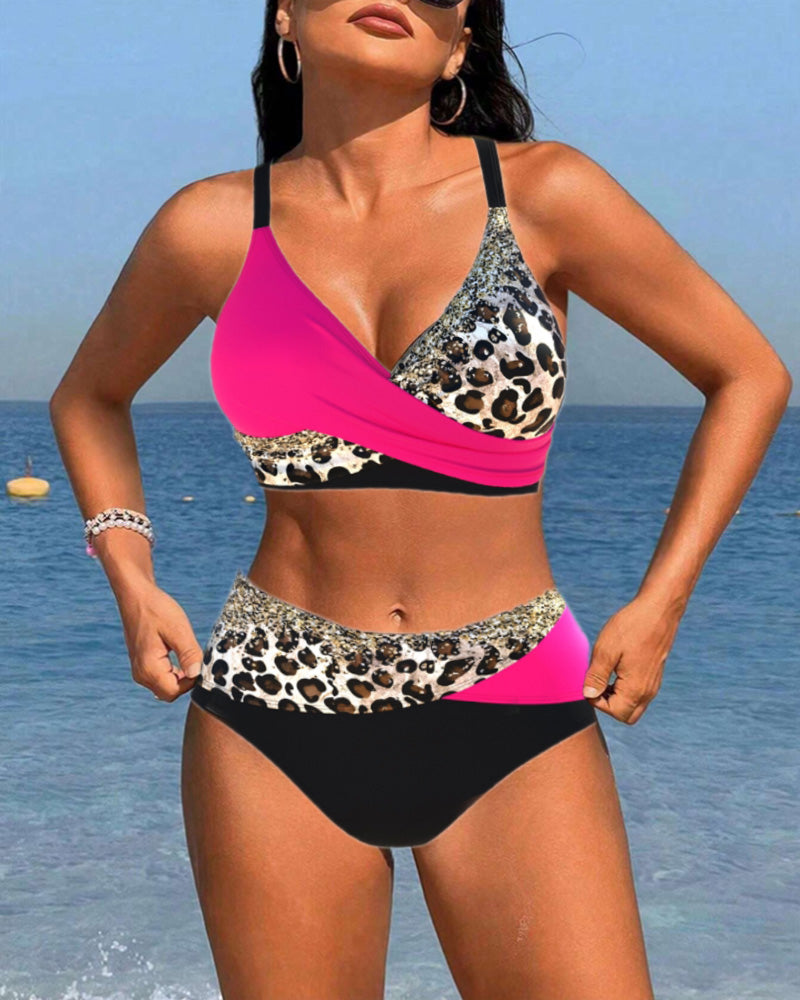 Maillot de bain bikini imprimé léopard bloc de couleur