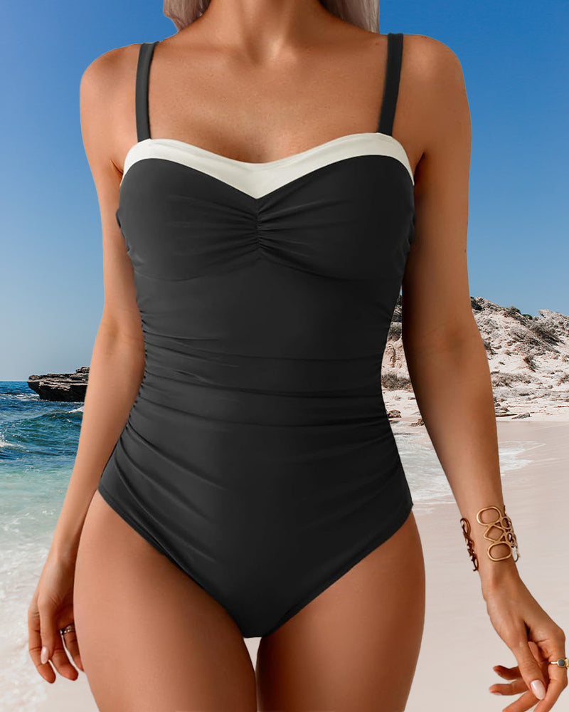 Maillot De Bain Couleur Contrastée Bretelles Une-Pièce