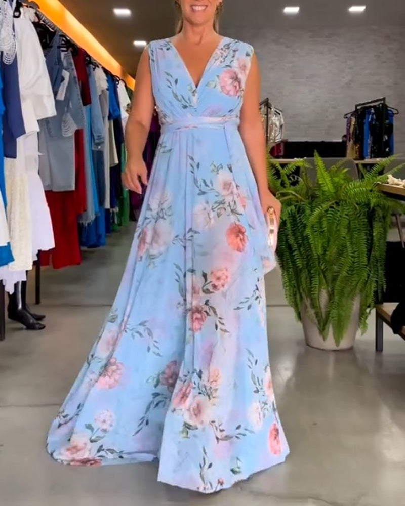 De Paris™ | Robe élégante sans manches à col en V et imprimé floral
