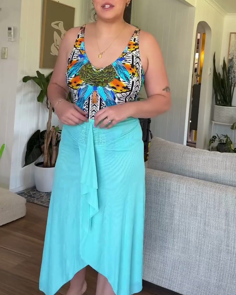 Ensemble de maillot de bain une pièce imprimé à bretelles et sarong pour femme