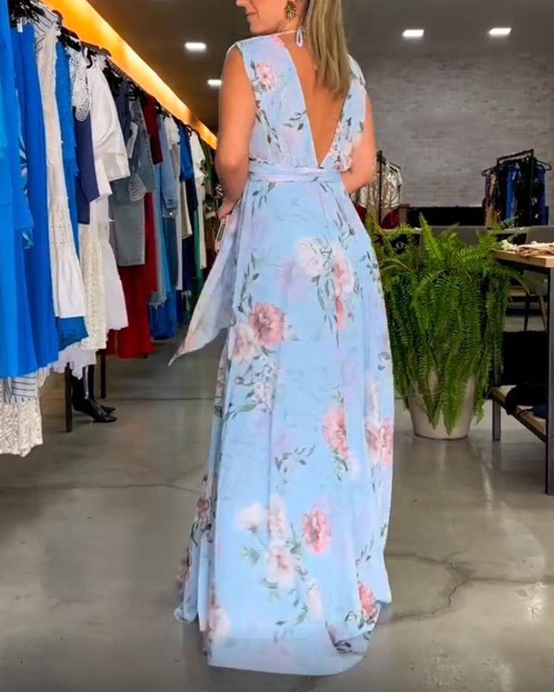 De Paris™ | Robe élégante sans manches à col en V et imprimé floral