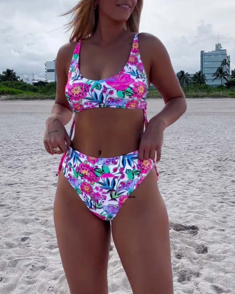 Maillot de bain bikini à imprimé floral et cordon de serrage