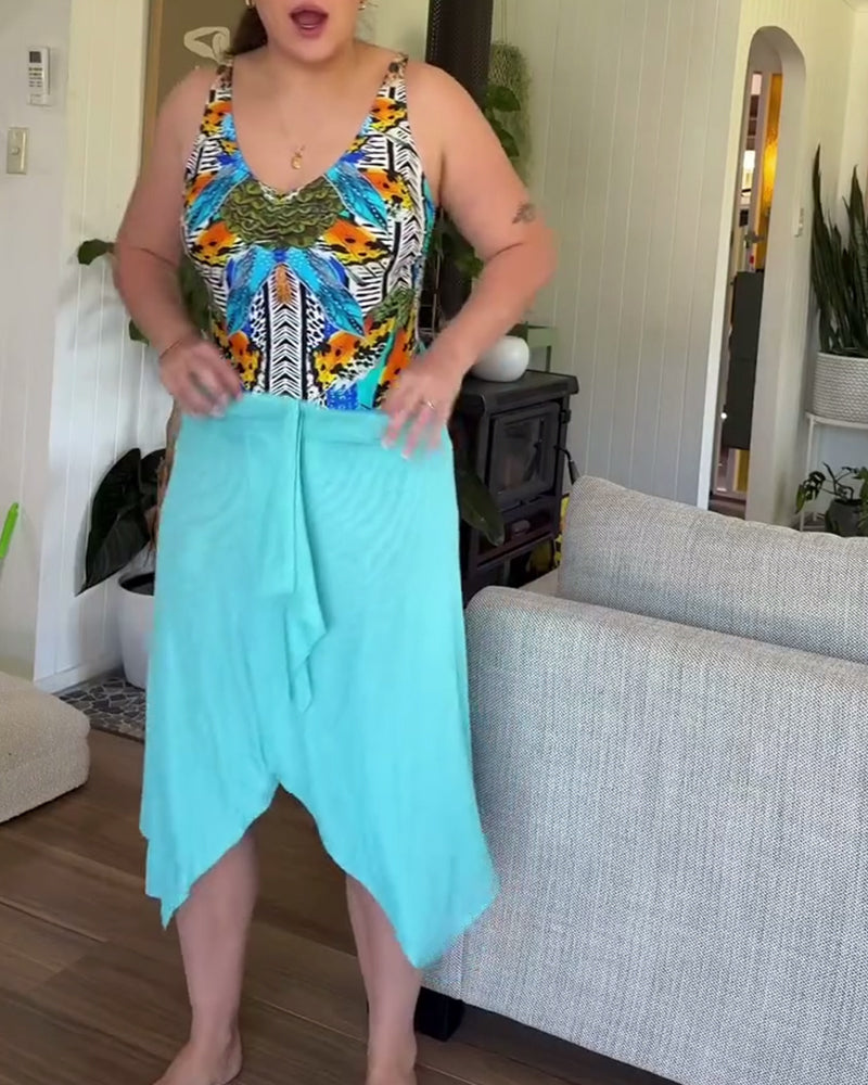 Ensemble de maillot de bain une pièce imprimé à bretelles et sarong pour femme