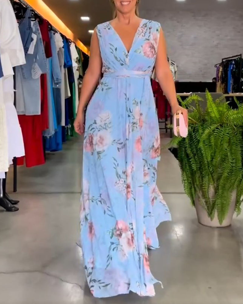 De Paris™ | Robe élégante sans manches à col en V et imprimé floral