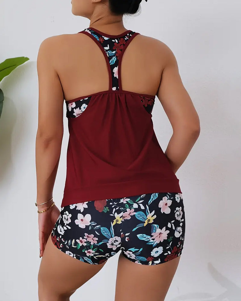 Maillot de bain tankini dos nu sans manches à imprimé floral