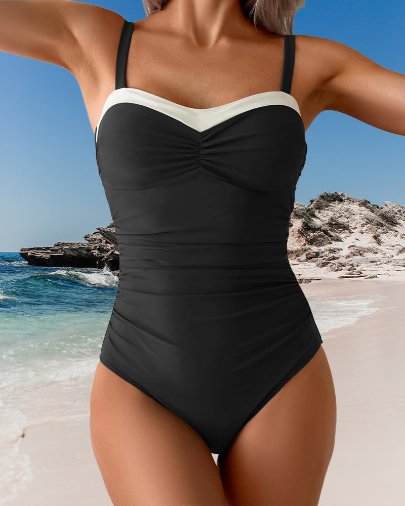 Maillot De Bain Couleur Contrastée Bretelles Une-Pièce